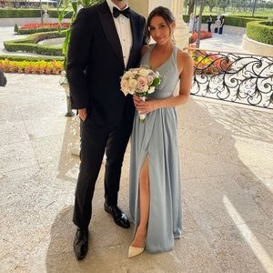 David’s Bridal bridesmaid dress in Dusty Blue.